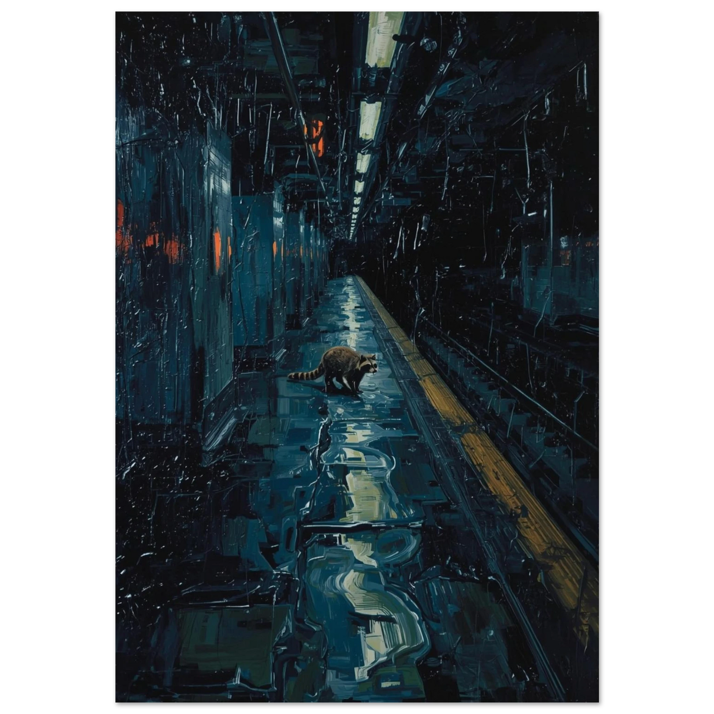 Tvättbjörn på mörk tunnelbaneperrong med blå reflektioner – urban djurposter