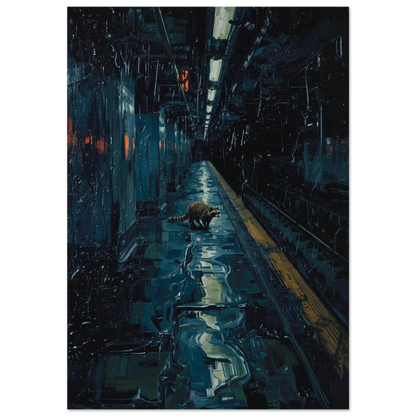 Tvättbjörn på mörk tunnelbaneperrong med blå reflektioner – urban djurposter