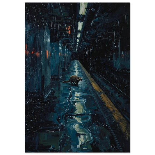 Tvättbjörn på mörk tunnelbaneperrong med blå reflektioner – urban djurposter
