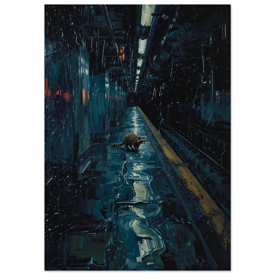 Tvättbjörn på mörk tunnelbaneperrong med blå reflektioner – urban djurposter