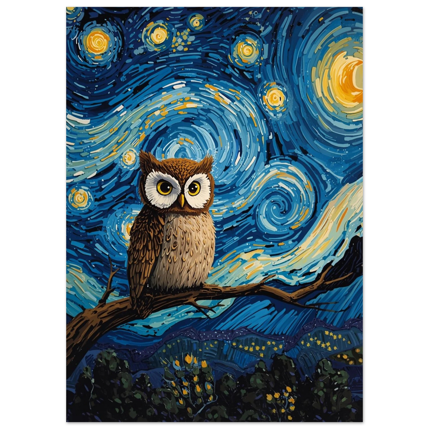 Nattlig uggla i Van Gogh-stil med gula stjärnor och blått nattlandskap