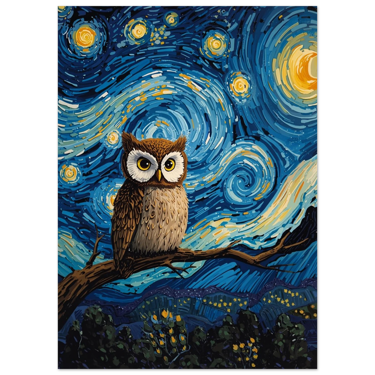 Nattlig uggla i Van Gogh-stil med gula stjärnor och blått nattlandskap