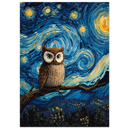Nattlig uggla i Van Gogh-stil med gula stjärnor och blått nattlandskap