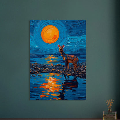 Okapi i impasto-stil vid vatten under orange måne