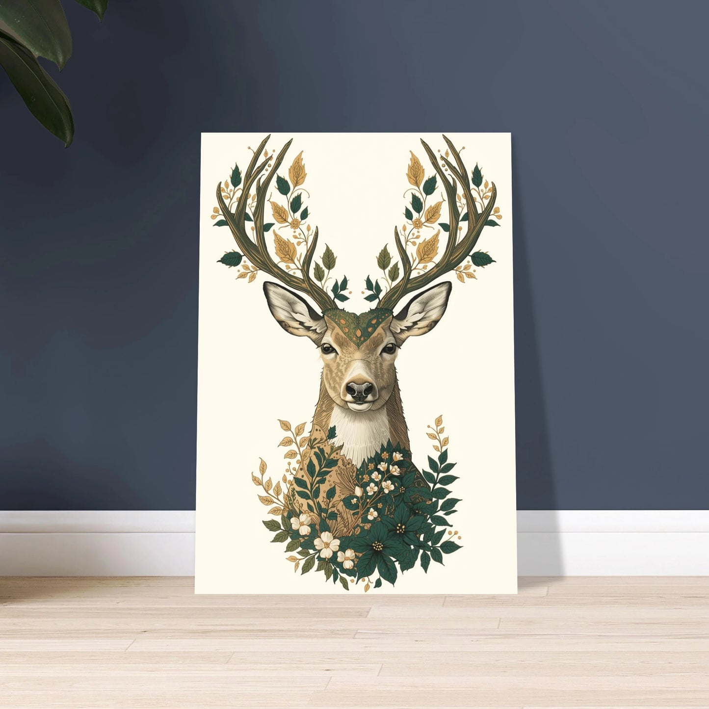Hjort med horn dekorerade med ornamentala blad och blommor.