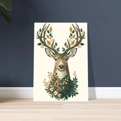 Hjort med horn dekorerade med ornamentala blad och blommor.