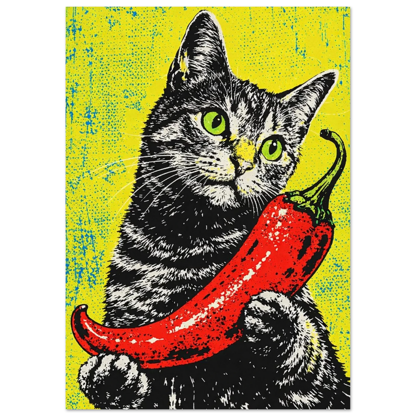 Närbild på grafiskt illustrerad katt med chili mot gul bakgrund – Retro poster