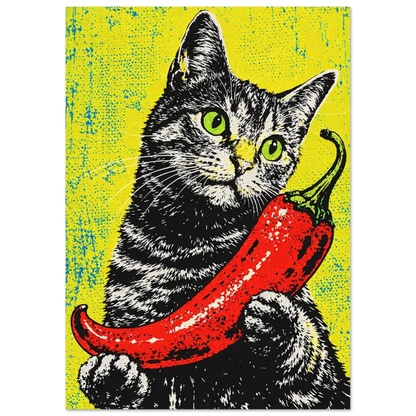 Närbild på grafiskt illustrerad katt med chili mot gul bakgrund – Retro poster