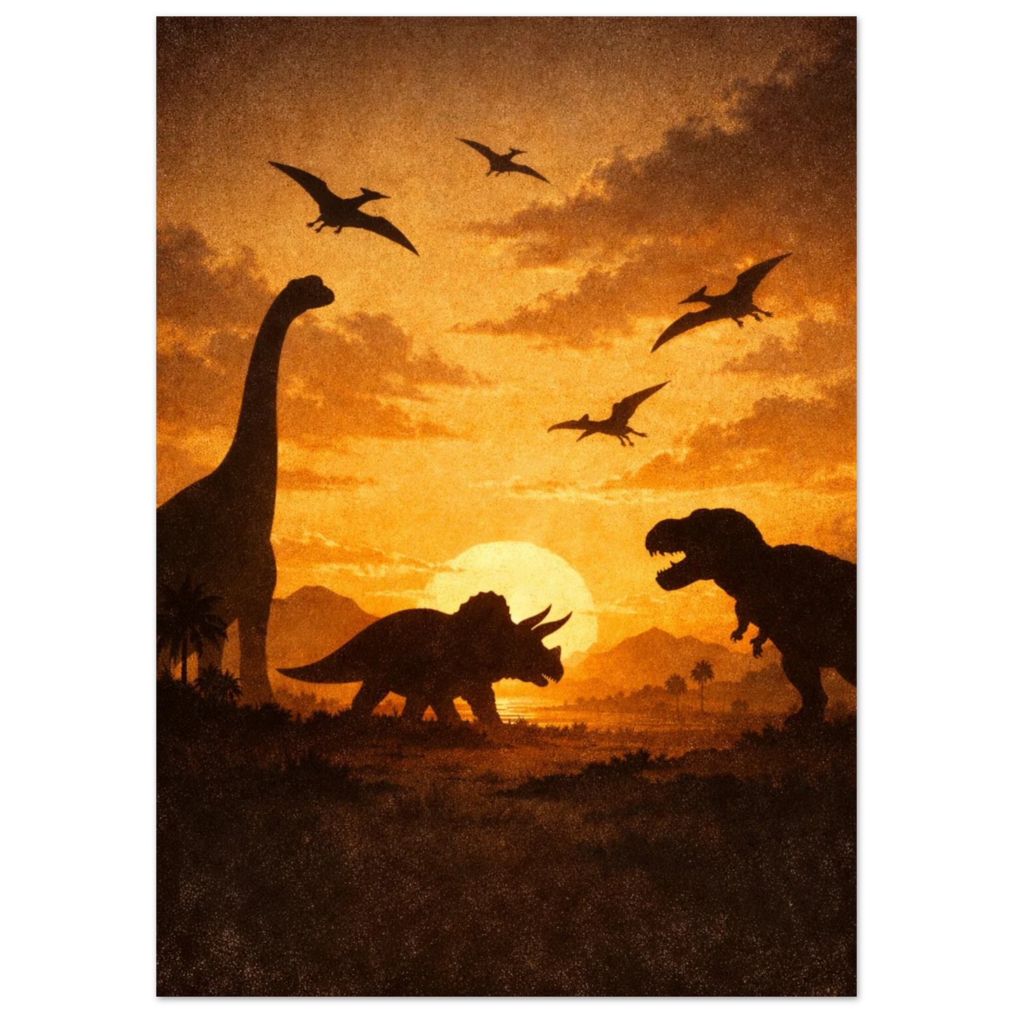 T-Rex, Triceratops och Brachiosaurus vid en glödande sol – Retro poster
