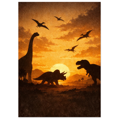 T-Rex, Triceratops och Brachiosaurus vid en glödande sol – Retro poster