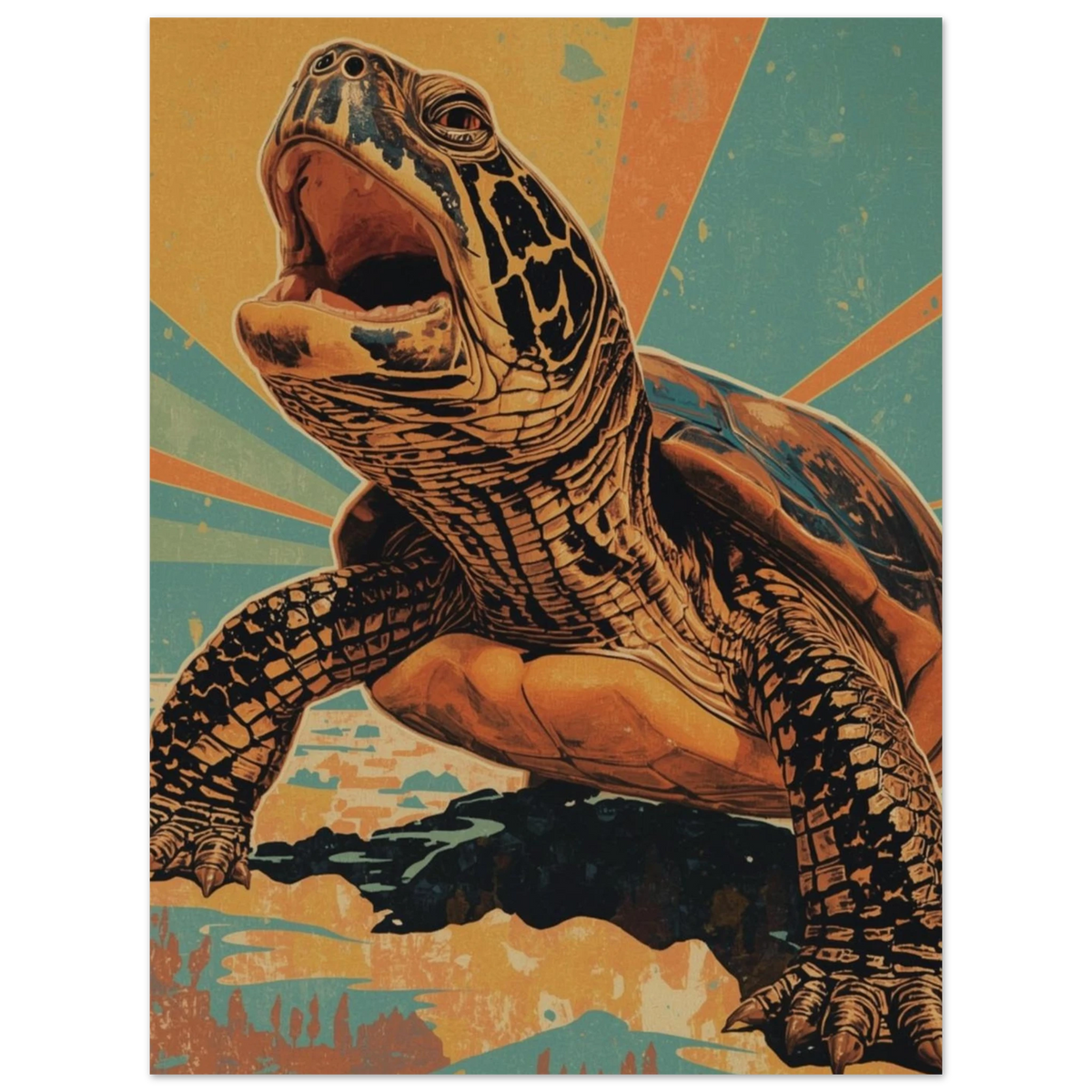 Vintage reseaffisch-stil med en havssköldpadda som centralt grafiskt motiv