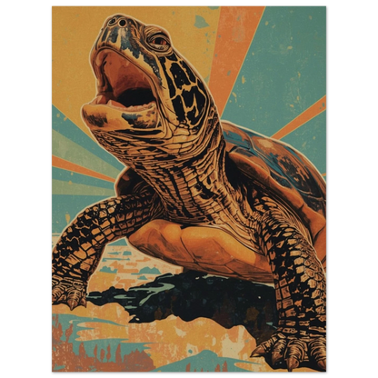 Vintage reseaffisch-stil med en havssköldpadda som centralt grafiskt motiv