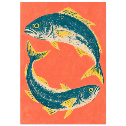 Tonfisk i grafisk cirkelkomposition på varm korallfärgad bakgrund