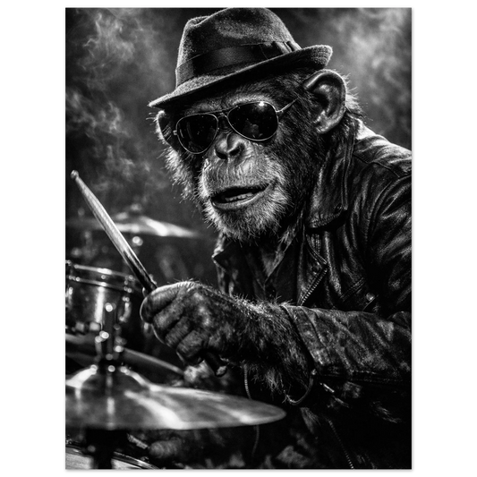 Svartvit chimpans i hatt och solglasögon som spelar trummor – Fotorealistisk poster
