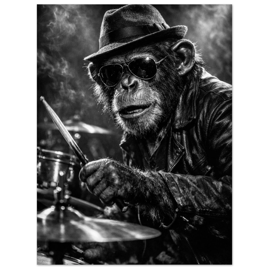 Svartvit chimpans i hatt och solglasögon som spelar trummor – Fotorealistisk poster
