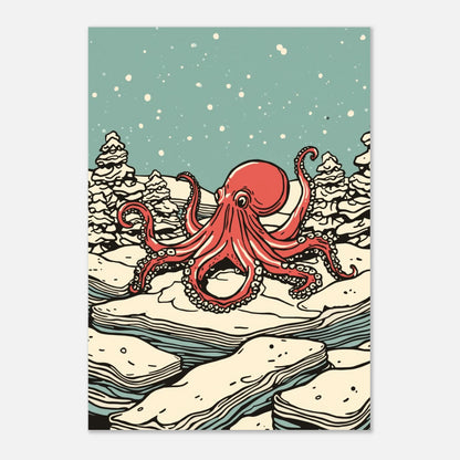 Bläckfiskens vinterdröm poster med röda tentakler mot ljusblå snöhimmel