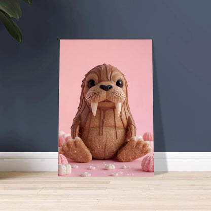 Söt valrossfigur av choklad och godis på rosa bakgrund.