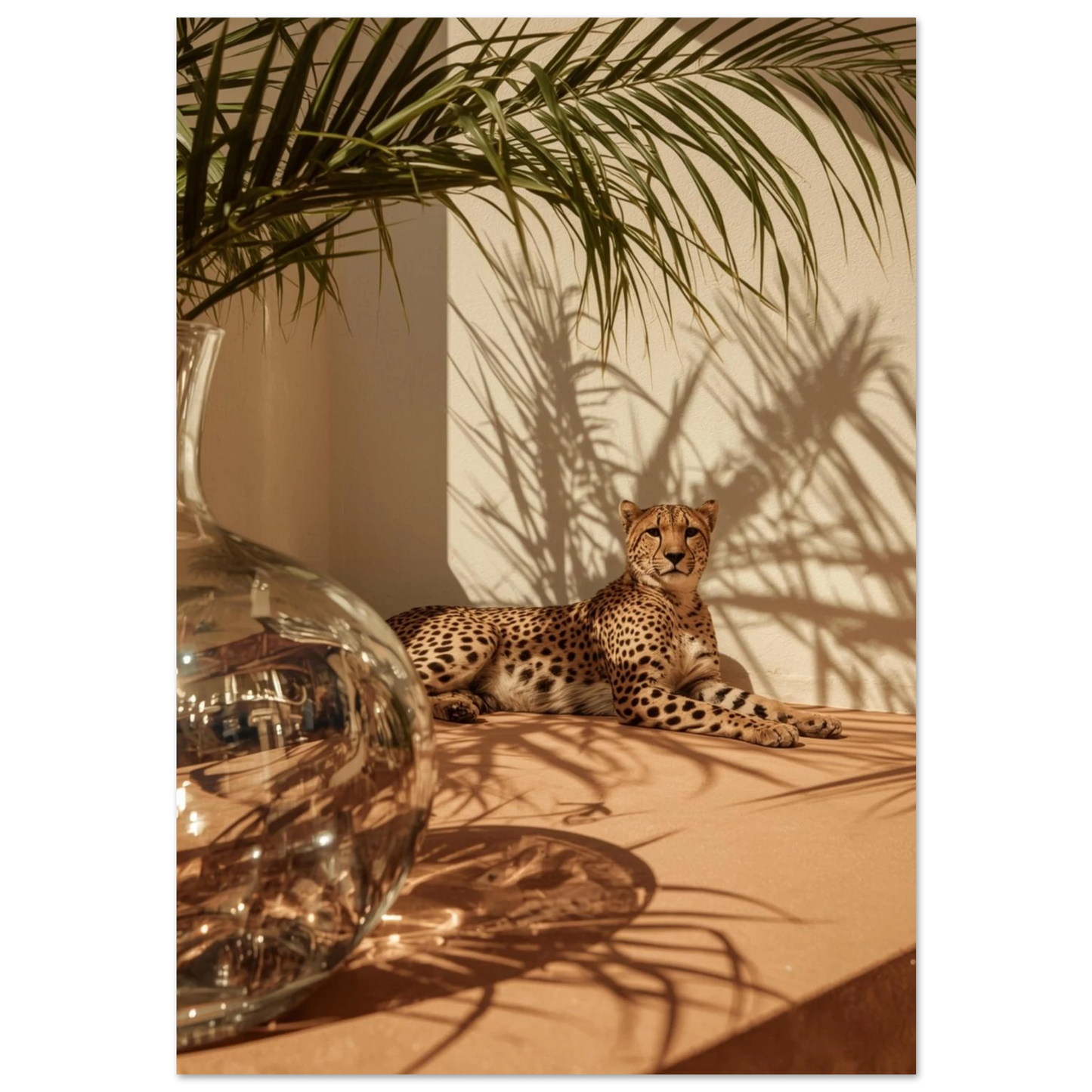 Gepard som vilar i skuggan av palmblad, varmt beige fotografi