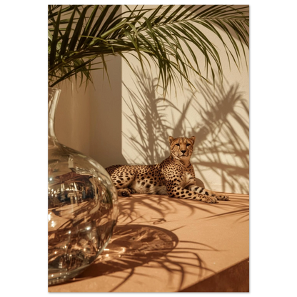 Gepard som vilar i skuggan av palmblad, varmt beige fotografi