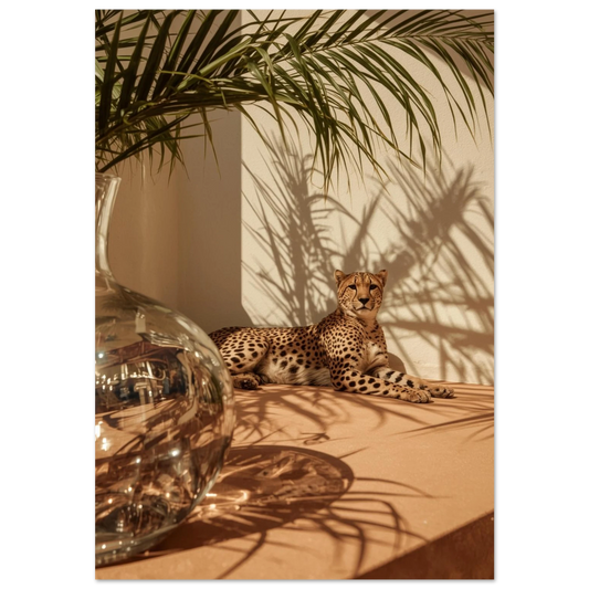 Gepard som vilar i skuggan av palmblad, varmt beige fotografi