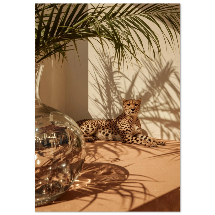 Gepard som vilar i skuggan av palmblad, varmt beige fotografi