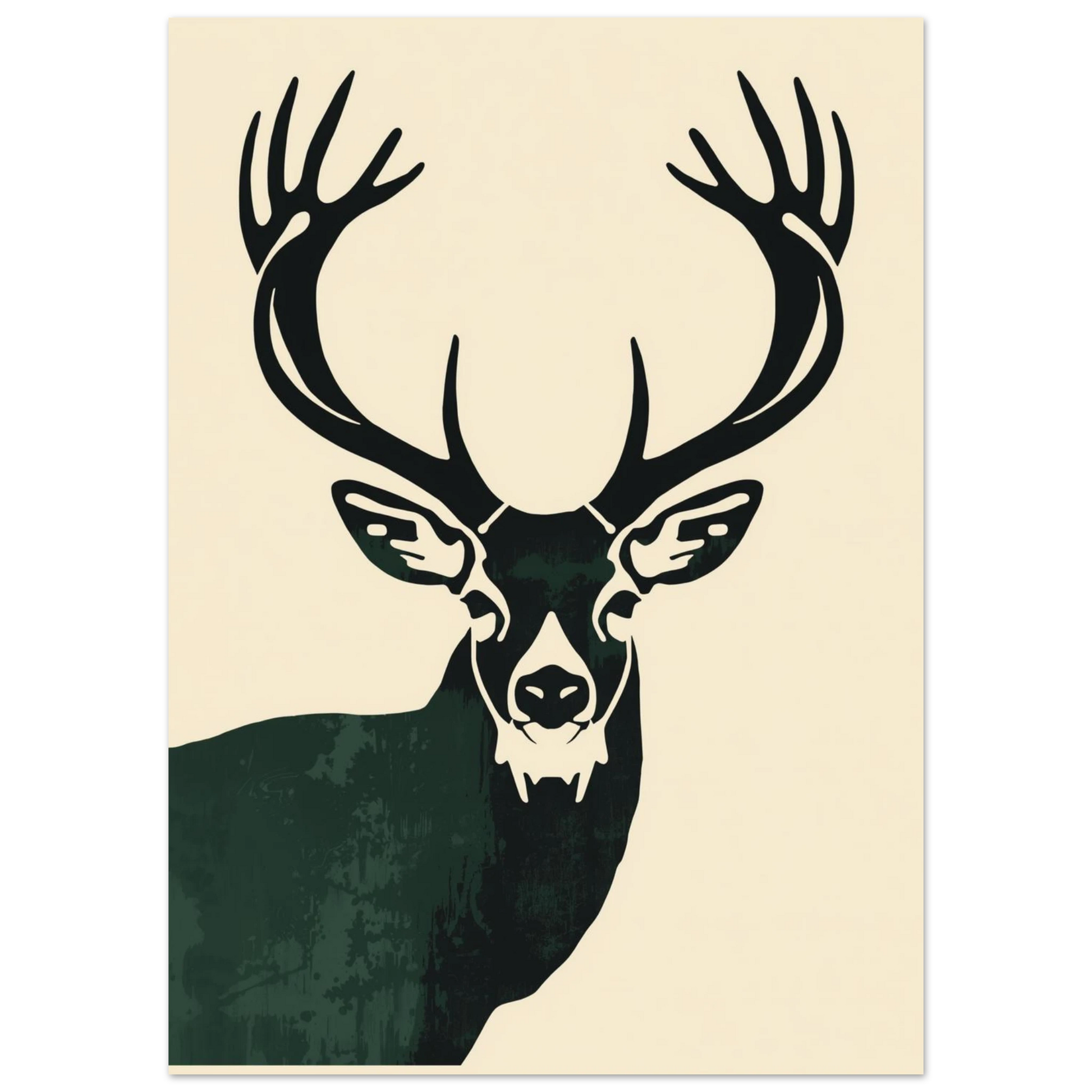 Närbild på grafisk hjortposter med skogsgrön textur och eleganta horn