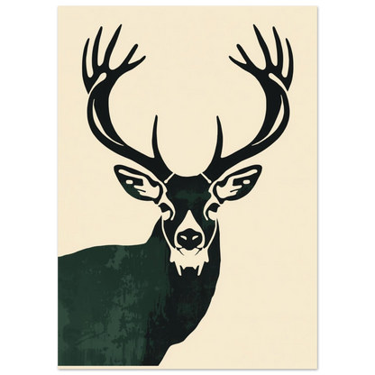 Närbild på grafisk hjortposter med skogsgrön textur och eleganta horn