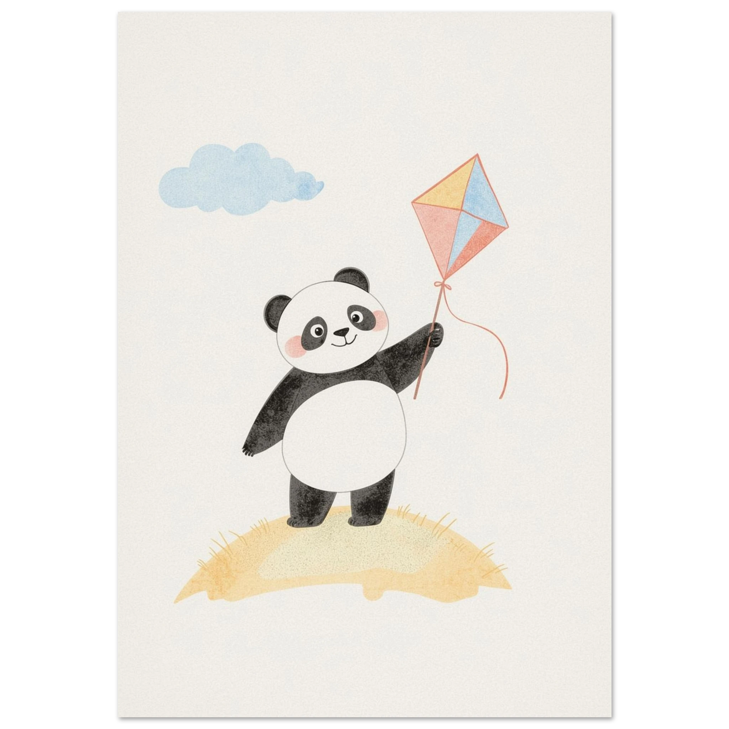 Söt panda med färgglad drake på gul kulle, vit bakgrund