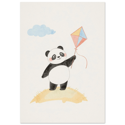 Söt panda med färgglad drake på gul kulle, vit bakgrund