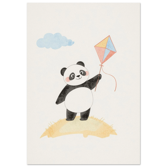Söt panda med färgglad drake på gul kulle, vit bakgrund