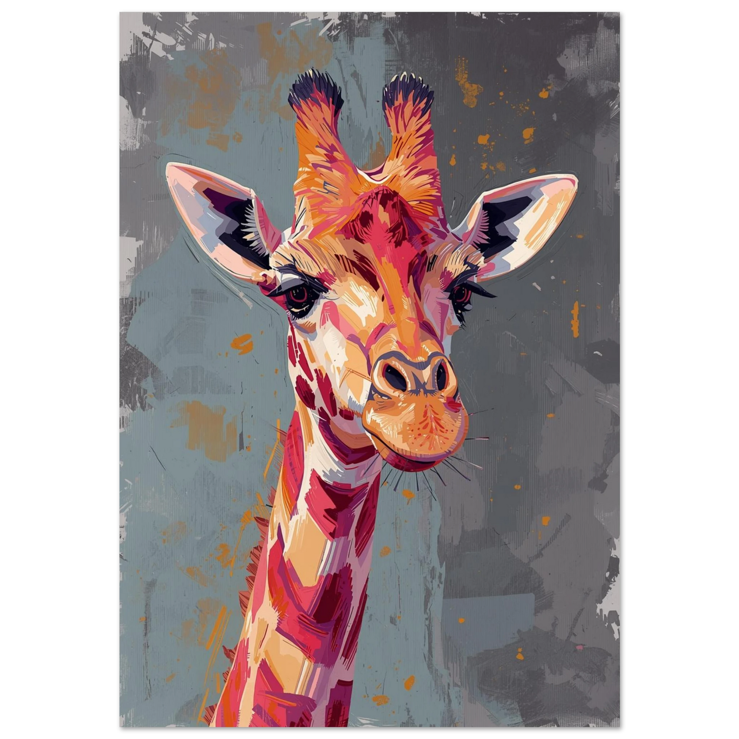 Färgstarkt giraffporträtt i modern expressiv stil med orangea och rosa penseldrag