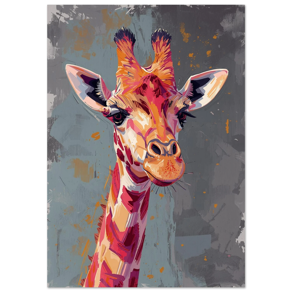 Färgstarkt giraffporträtt i modern expressiv stil med orangea och rosa penseldrag