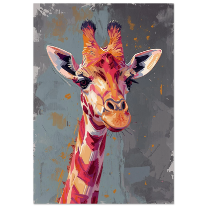 Färgstarkt giraffporträtt i modern expressiv stil med orangea och rosa penseldrag