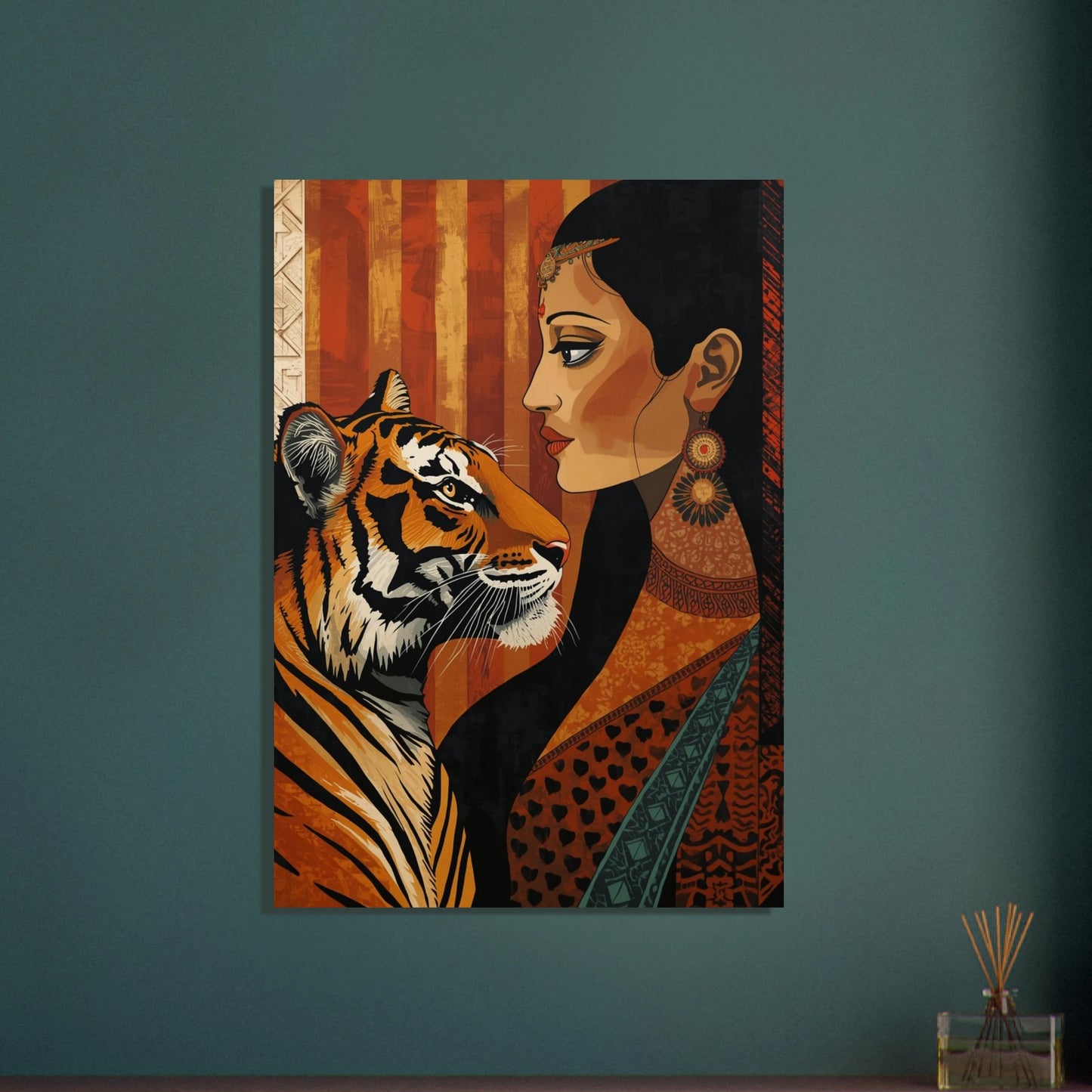 Stiliserad tiger i indisk kubistisk folkstil, mystisk och konstnärlig