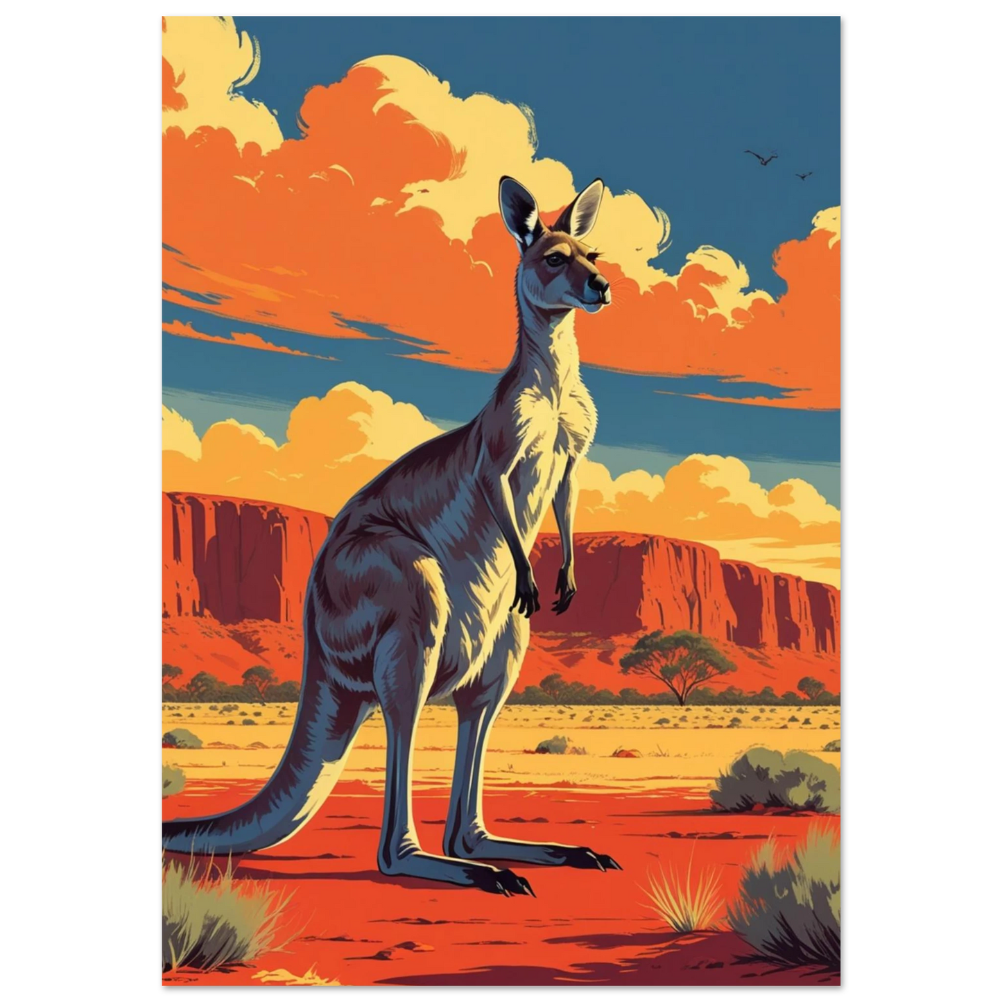 Känguru i rött ökenlandskap med orangea moln – retro grafisk poster