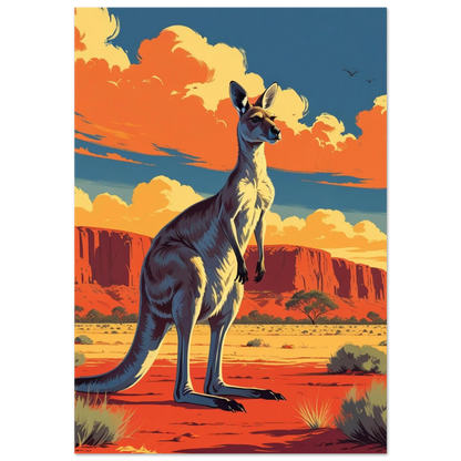 Känguru i rött ökenlandskap med orangea moln – retro grafisk poster