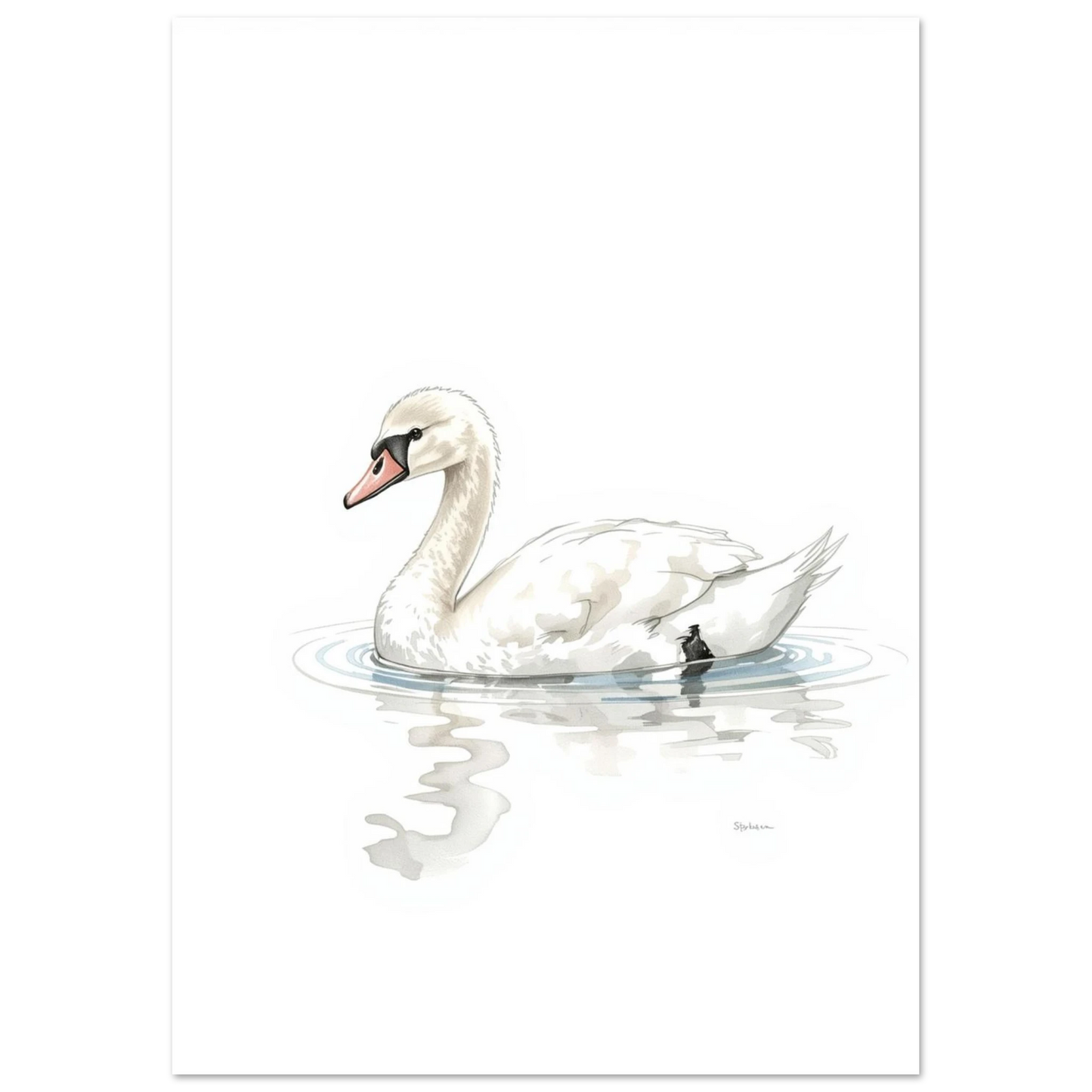 Minimalistisk illustration av en svan med subtila penseldrag och reflektioner