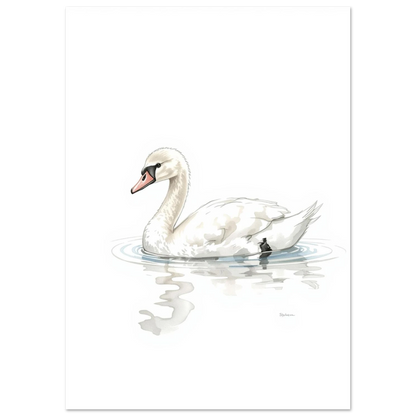 Minimalistisk illustration av en svan med subtila penseldrag och reflektioner