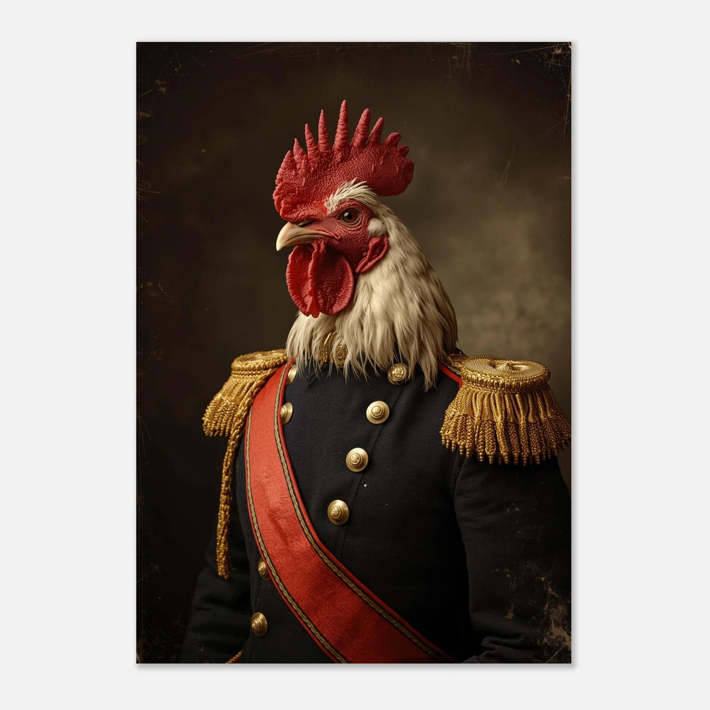 Digital illustration av en tuppgeneral i mörkblå uniform med rött band