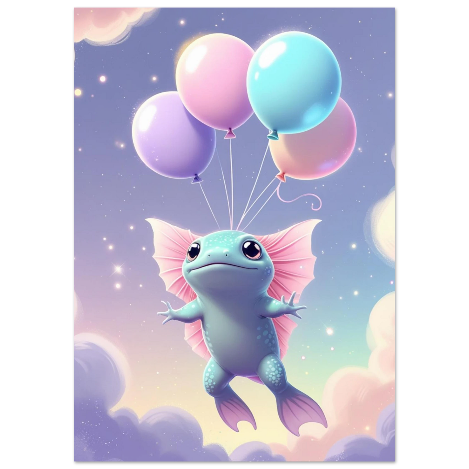 Söt axolotl med stora ögon lyfter mot rymden med färgglada ballonger