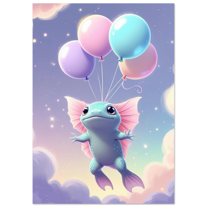 Söt axolotl med stora ögon lyfter mot rymden med färgglada ballonger