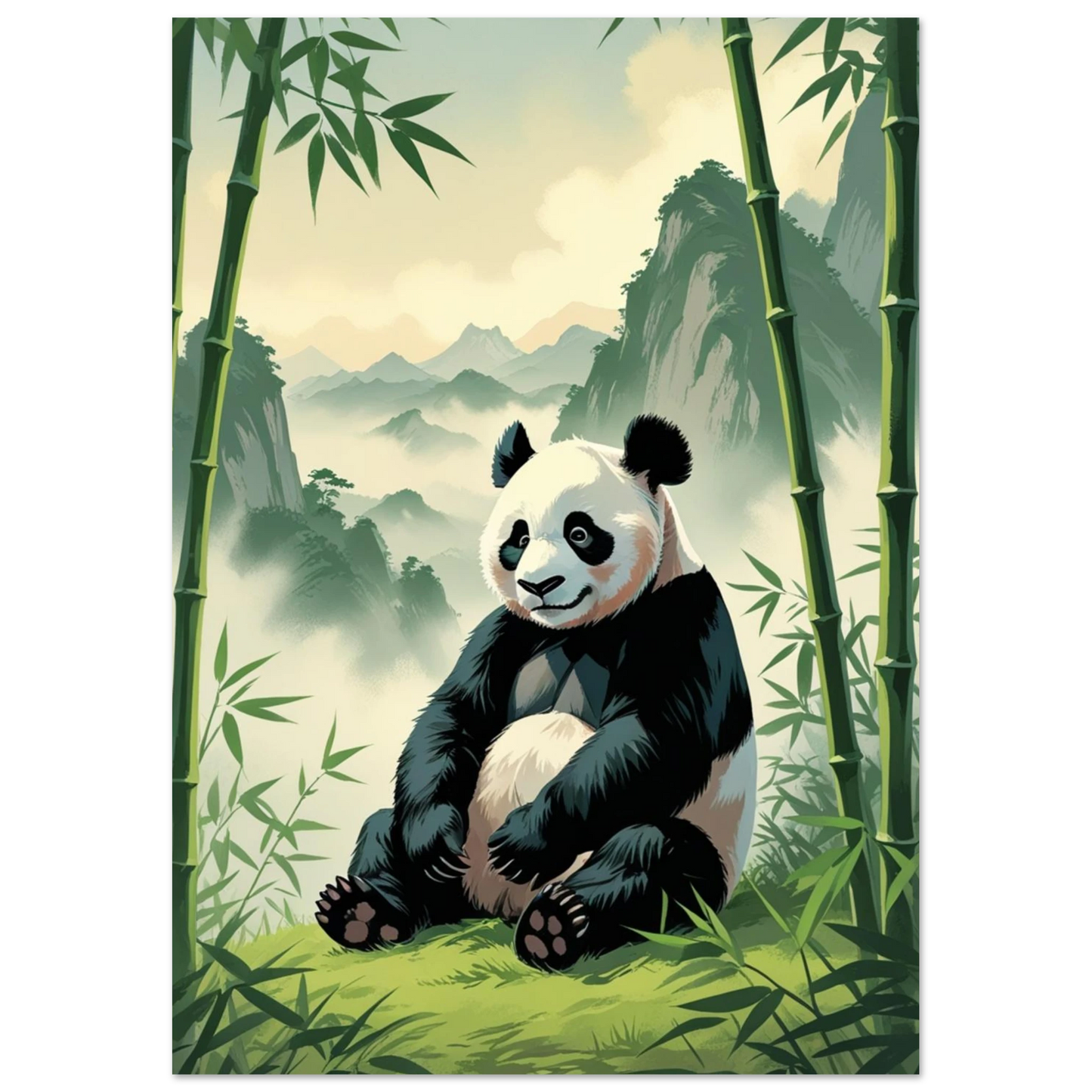 Klassisk reseaffisch-stil med panda i ett lummigt kinesiskt bergslandskap