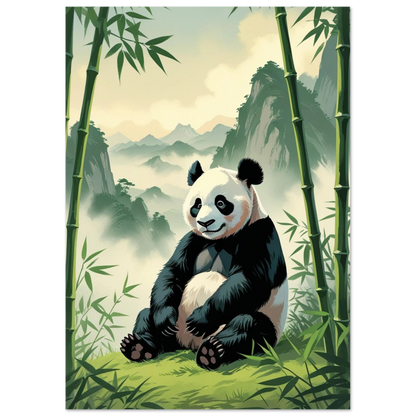 Klassisk reseaffisch-stil med panda i ett lummigt kinesiskt bergslandskap