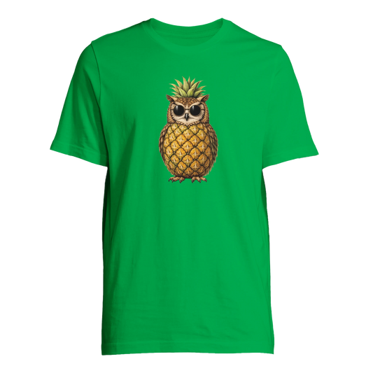 Uggla i ananasform på grön t-shirt – Tecknad t-shirt