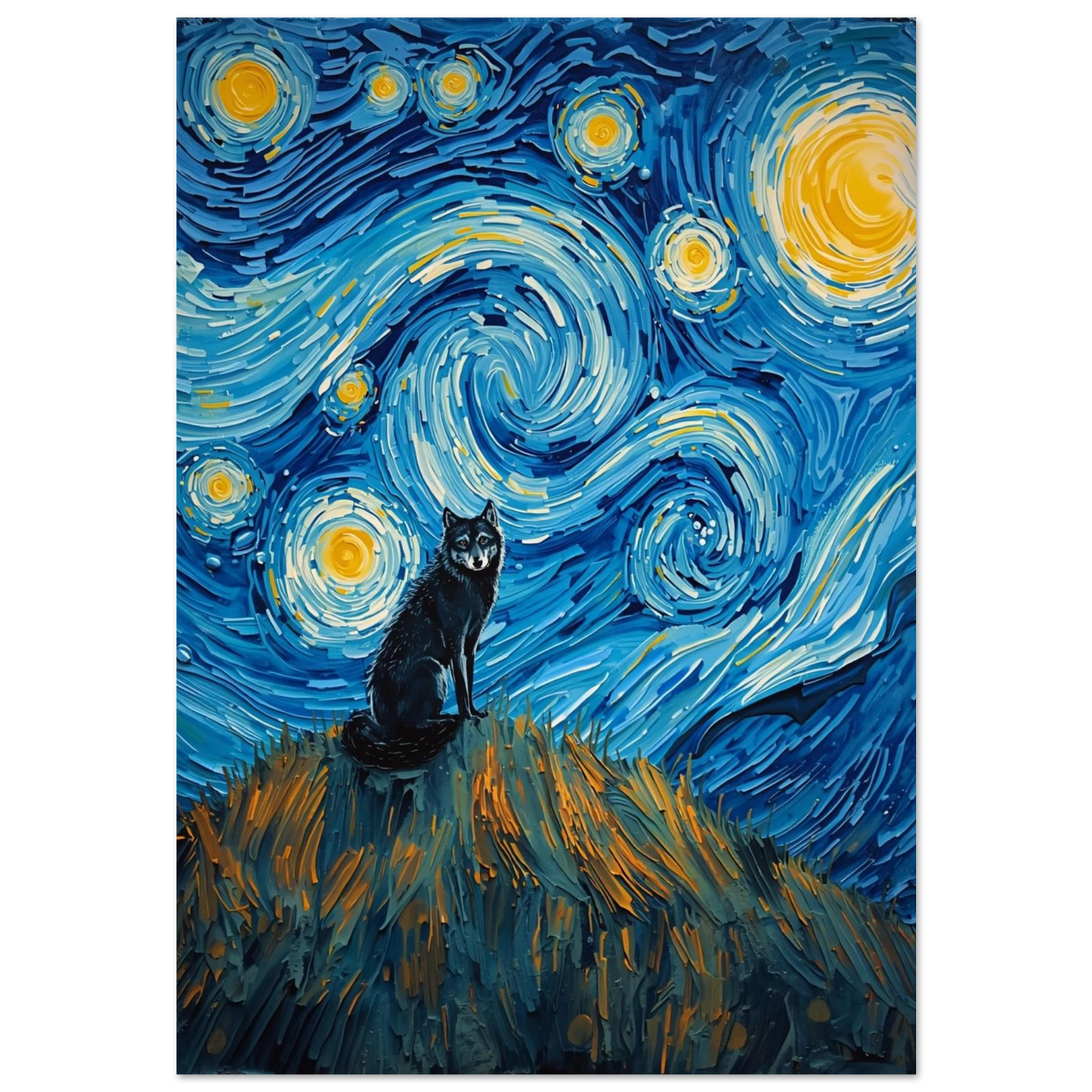 Svart varg på kulle under blå virvlande stjärnhimmel, expressionistisk oljemålning