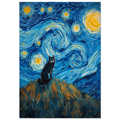 Svart varg på kulle under blå virvlande stjärnhimmel, expressionistisk oljemålning
