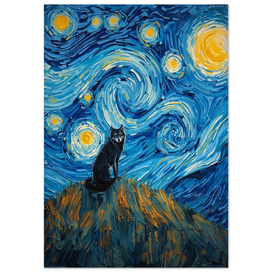 Svart varg på kulle under blå virvlande stjärnhimmel, expressionistisk oljemålning