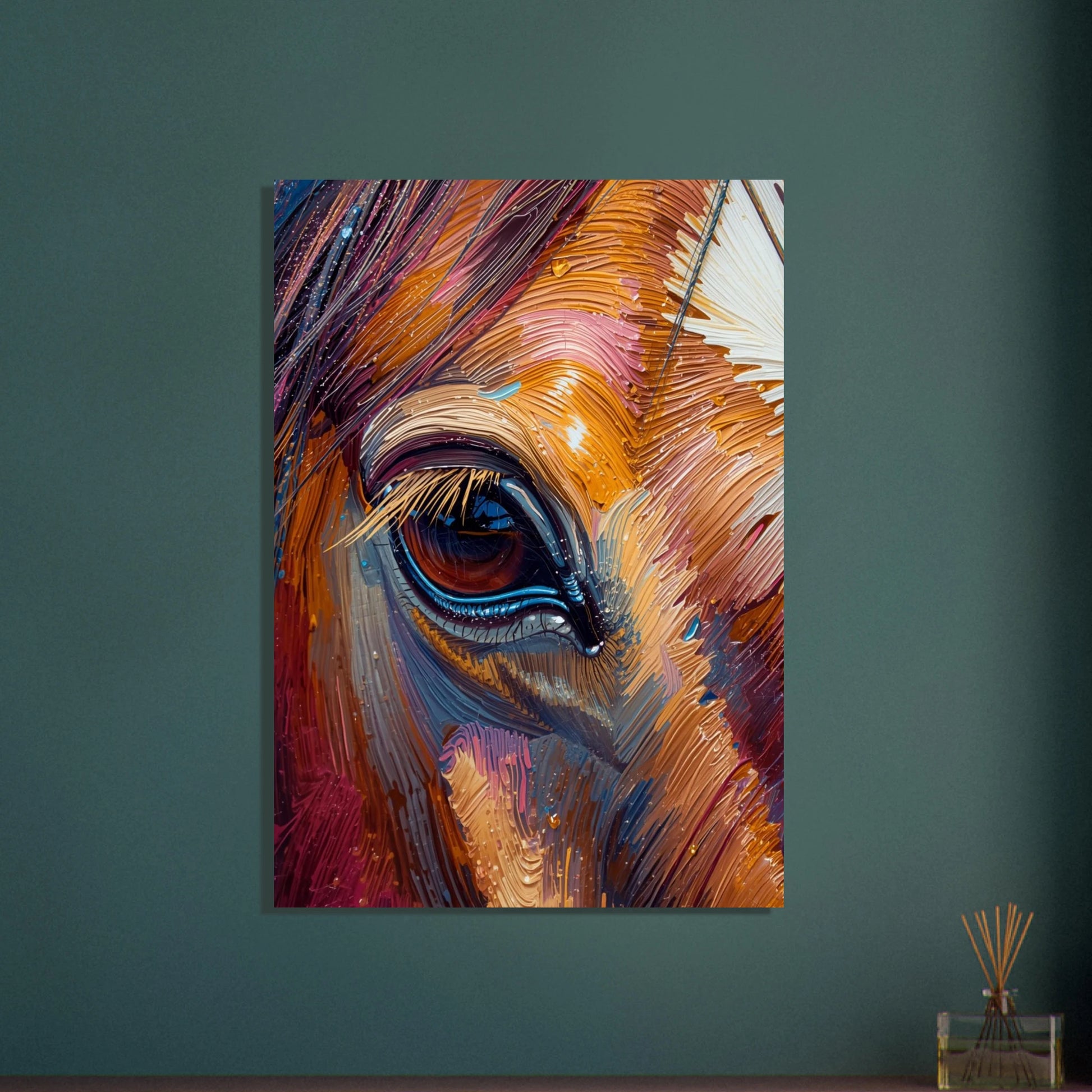 Hästens öga i tjock impasto oljemålning, färgstark och uttrycksfull konst.