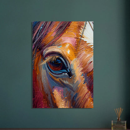 Hästens öga i tjock impasto oljemålning, färgstark och uttrycksfull konst.