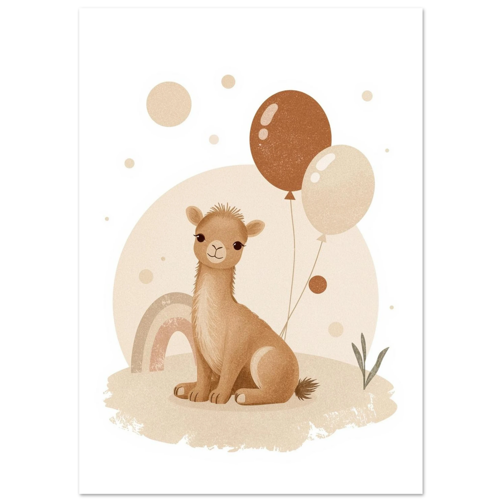 Söt ökenkamel med vänlig blick och lekfulla ballonger, grafiskt djurmotiv